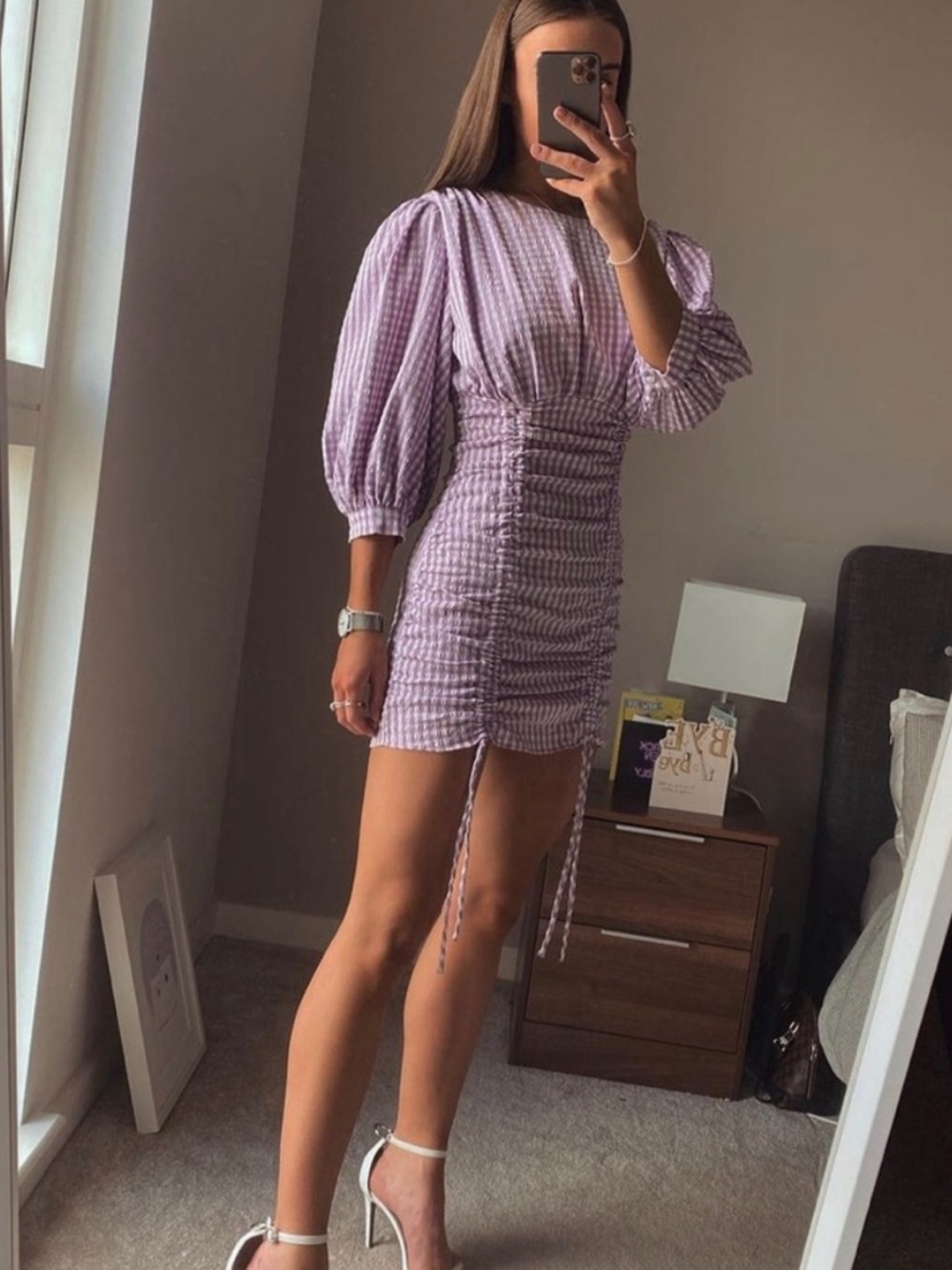 Zara Gingham Mini Dress Purple Med NWT Ruched Puff Sleeve Blogger Favorite